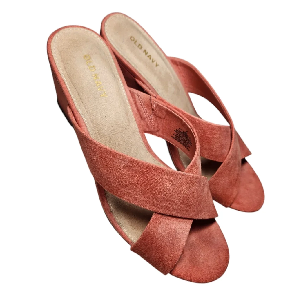 Old Navy Faux Suede Cross Strap‎ Coral Wedge Sandals Slides Desert Rose Orange 8